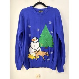 Alex Stevens Ugly Christmas Sweater L Blue Snowman Dog Peeing Tree 100% Cotton